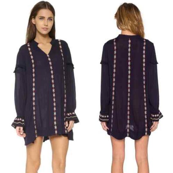 Tularosa Dress Women's Size S Arabella Tunic Embroidered Mini Long Sleeve Navy - Picture 1 of 7